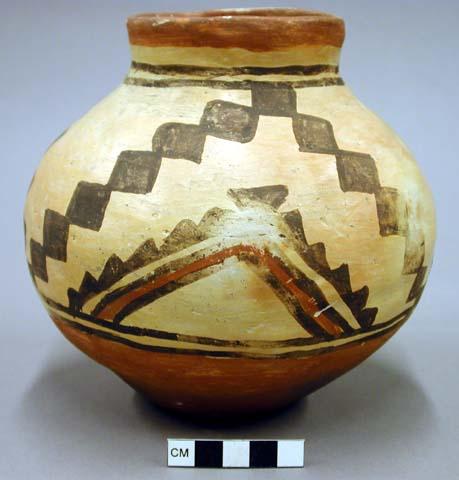 Jar, eccentric painted ware. polychrome on buff. 16.5 x 16.5 cm.