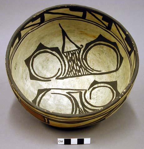 Bowl, polacca polychrome style c. int: zuni rain bird design; ext: linear design