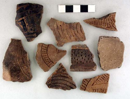 Ceramic potsherds, rim/base/body, incised and punctate design