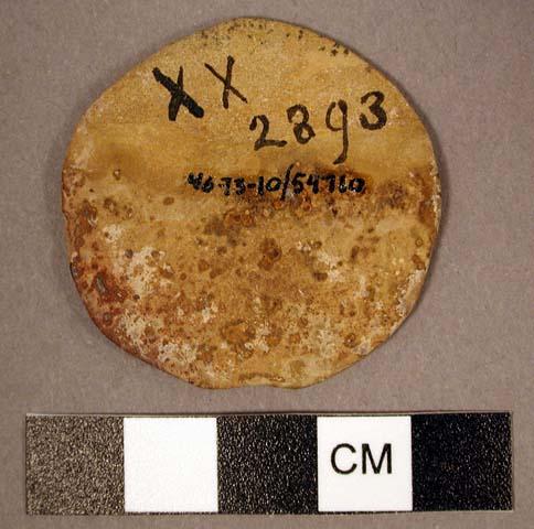 Disc. two flat surfaces, very thin partially flattened rim. striations appear on