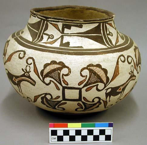 Pottery olla - red & brown animal and floral design on white