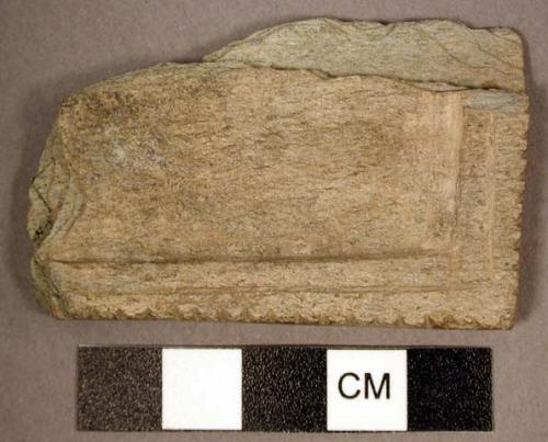 Rectangular palette corner fragment. raised border, row of transverse grooves ac