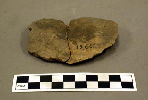 Ceramic base sherd, mended, plain, tubular sherd, rim sherd