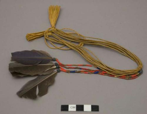 Cord necklace with 4 blue feathers and beads attached - ceremonial
