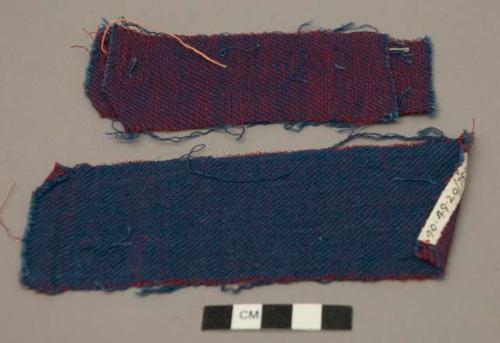 Pieces of diagonal twill blue warp; red weft; cotton