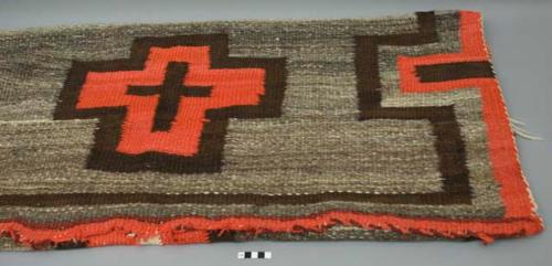 Rug; dark brown and off-white undyed wool with red dyed wool crosses