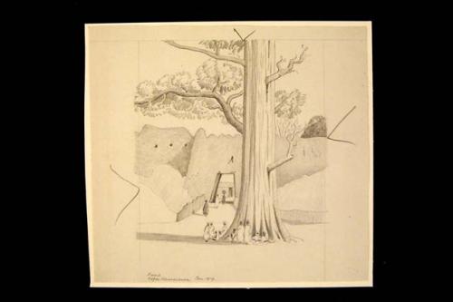 Pencil Drawing.  Figures with Tree and Architecture 14.6 x 13.3 cm