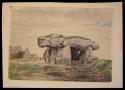 watercolor of megalithic monument (dolman) with house in background
