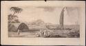 Engraving of Polynesian life with people, boats, dwellings