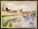 Watercolor, city river with swans