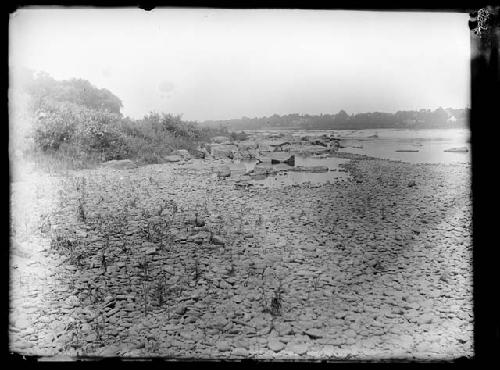 Pennsylvania shore of river above railroad bridge looking northeast towards waterworks.