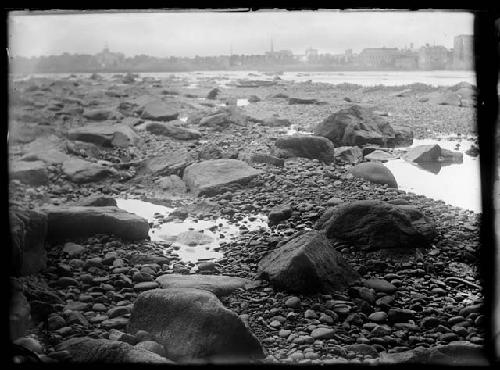 Standing bed of river near railroad bridge looking northeast from Pennsylvania towards city of Trenton