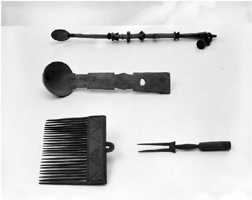 African objects: spoon, ladle, fork, and comb