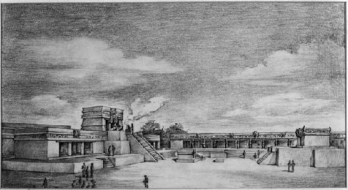 Photograph of pencil drawing of restored structures at Mayapan