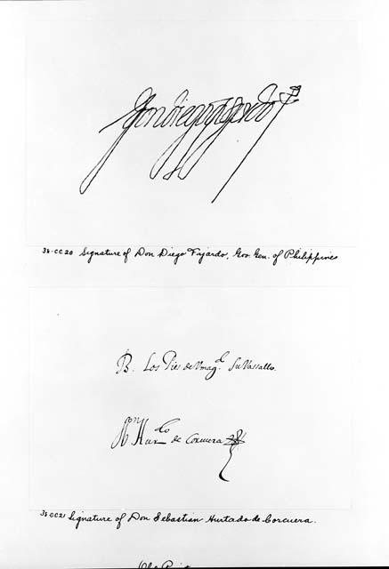 Signatures of Don Diego Fajardo, governor general of Philippines, and Don Sebastian Hurtada de Corcuera
