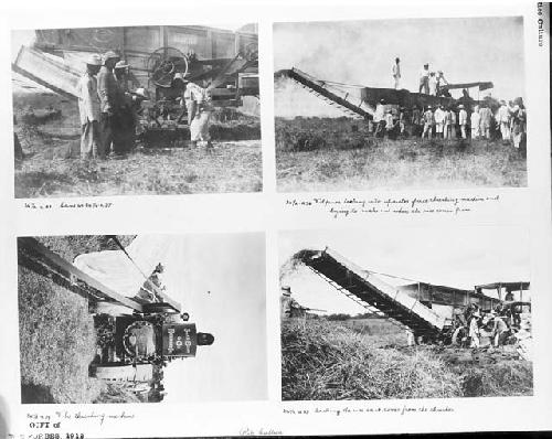 Four images of Filipino laborers examining and working with rice threshing machine