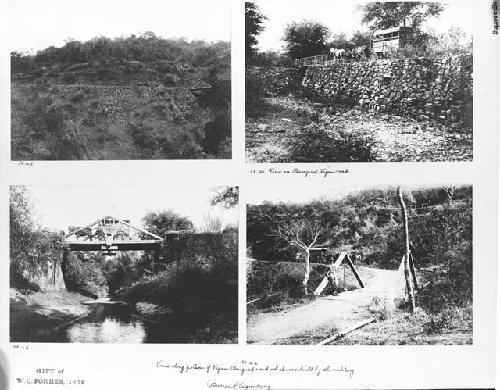 Four images of roads, bridge; three with horse-drawn carts