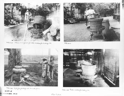 Four images of tools and machinery involved in rice processing; workers using those tools