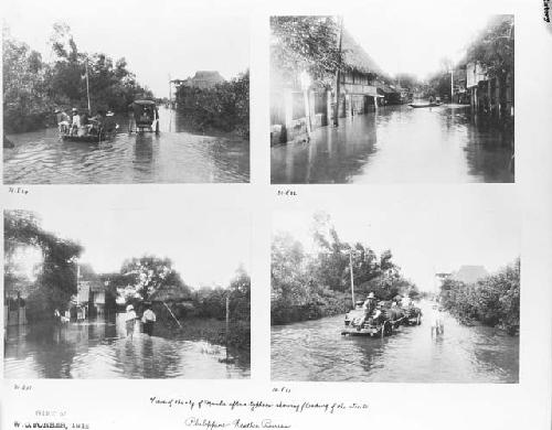 Four images of flooded streets in aftermath of typhoon; people in mostly submerged carts