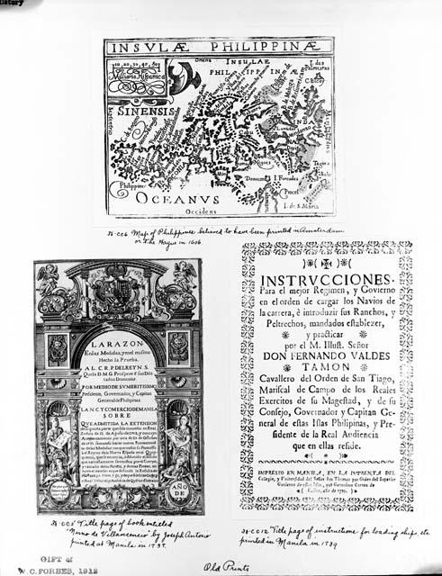 Photograph of three prints, including map of Philippines, title page of a book, and title page of ship-loading instruction manual