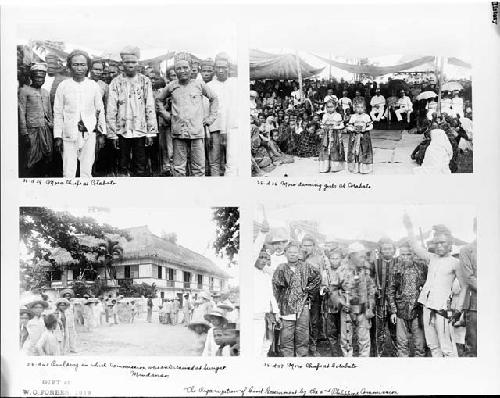 Four images of natives at Cotabato, including young girls dancing, Moro chiefs, ceremony upon government organization