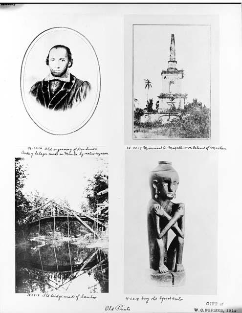 Photograph of four prints, including artifacts (Igorot Anito, engraving, monument) and bamboo bridge