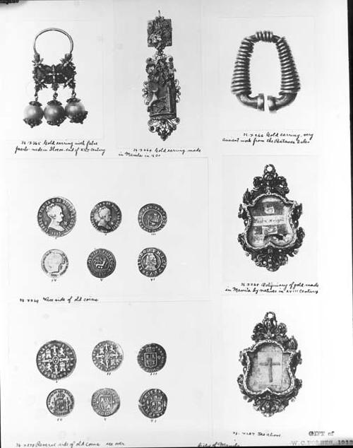 Seven images of metalwork: earrings, coins, reliquary