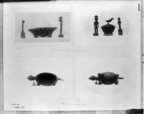 Four images of wood carvings, including bowls, effigies