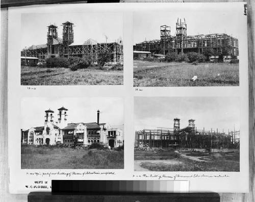 Four images of building under construction and completed