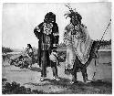 Drawing of two Ottawa chiefs standing in front of canoe