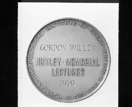 Back of Huxley medal, with recipient Gordon Willey's name inscribed thereon