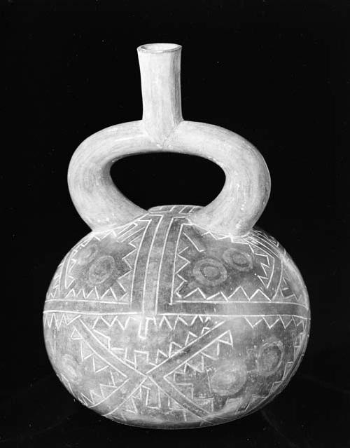 Stirrup pot; black with flat bottom and two incised designs on surface