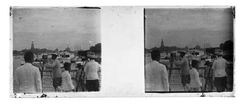 stereo glass slides of Siam; men on dock with cameras