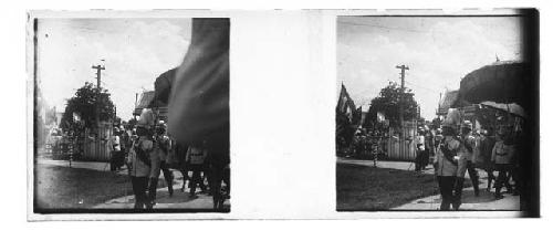 stereo glass slides of Siam; decorated soldiers marching in street