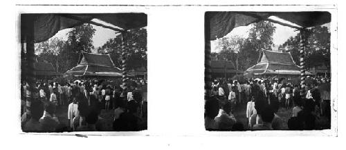 stereo glass slides of Siam; people on street building in background