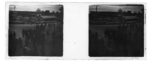 stereo glass slides of Siam; men marching in street