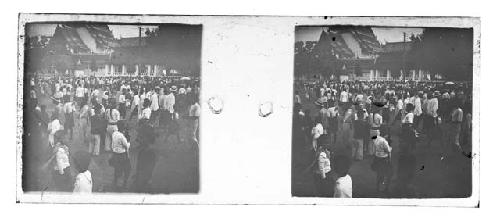 stereo glass slides of Siam; crowd gathered, building in background