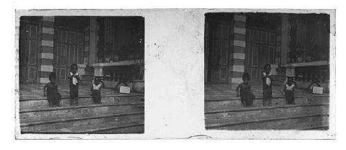 stereo glass slides of Siam; three small boys on steps