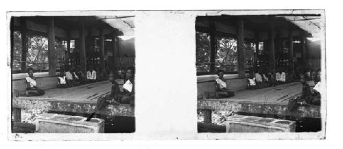 stereo glass slides of Siam; young men seated on platform