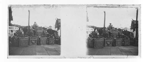 stereo glass slides of Siam; officials seated outdoors and decorative stations