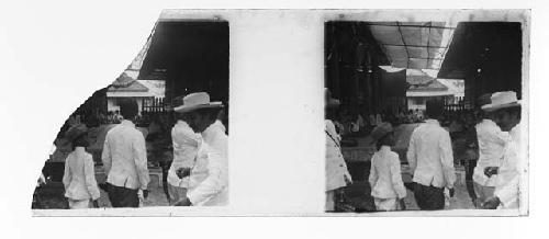 stereo glass plates of Siam; BROKEN PLATE crowd in front of platform