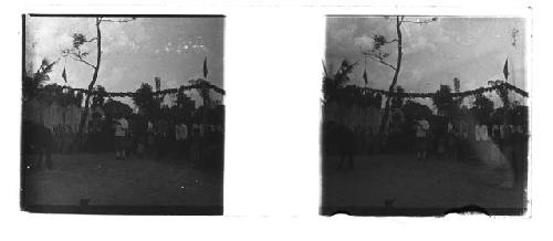 Stereo glass slides of Siam; men standing near horse