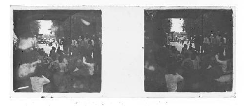 Stereo glass slides of Siam; group of men outdoor watching event