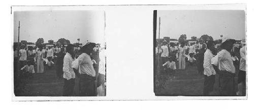 Stereo glass slides of Siam; gathering of men outdoors