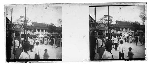 Stereo glass slides of Siam; street scene of people