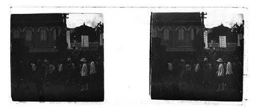 stereo glass slides of Siam; men in white uniforms walking in street