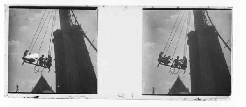 stereo glass slides of Siam; men on scaffolding