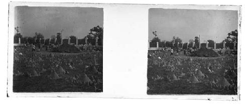 stereo glass slides of Siam; men in field of mounds of dirt