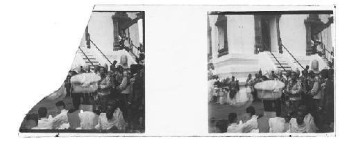 stereo glass slides of Siam; BROKEN SLIDE men walking in formation on street