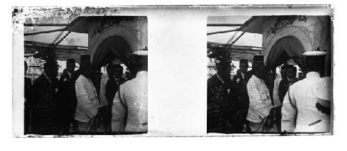 stereo glass slides of Siam; uniformed men and boy